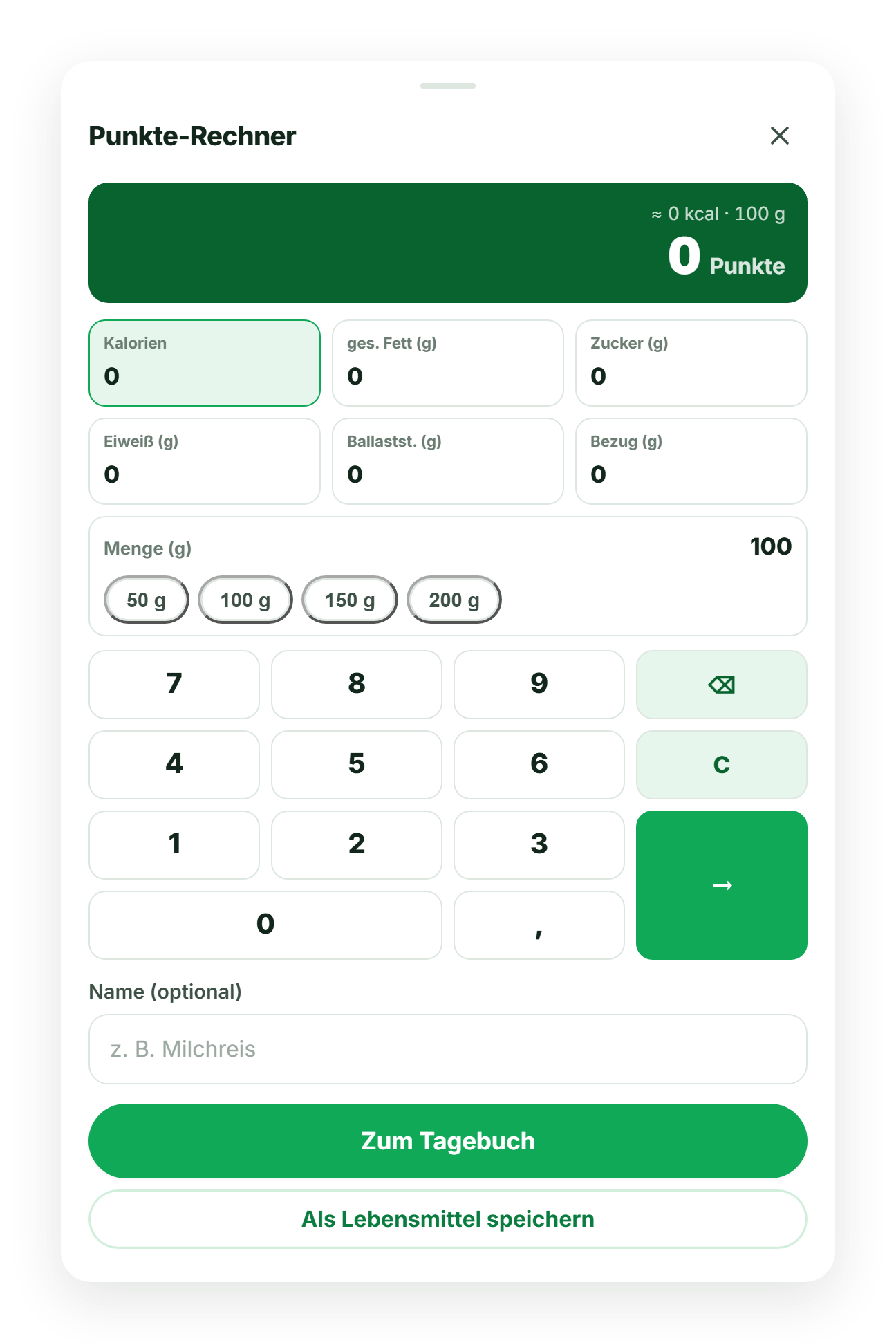 Screenshot des Punkte-Rechners der Punkto-App: Nährwertfelder, Mengen-Auswahl und Zifferntastatur berechnen den Punktwert.